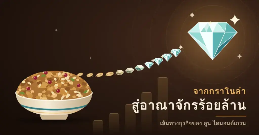 ภาพกราฟิกชามกราโนล่าที่เมล็ดธัญพืชลอยขึ้นเป็นเส้นทางและค่อย ๆ เปลี่ยนเป็นเพชรเม็ดใหญ่เปล่งประกาย เหนือกราฟแท่งที่สูงขึ้น พร้อมข้อความ "จากกราโนล่า สู่อาณาจักรร้อยล้าน" สื่อถึงเส้นทางธุรกิจของ อูน ไดมอนด์เกรน